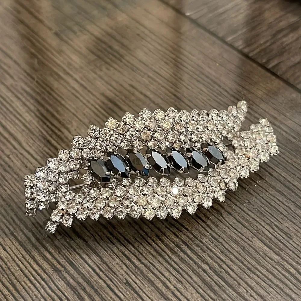 Vintage Rhinestone Clear & Gunmetal Rhinestone Brooch